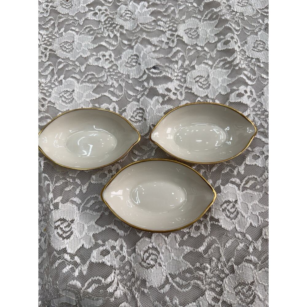 Vintage Lenox Porcelain Gold Set of 3 Oval Trinket Dishes Salt Cellars 4.25” L